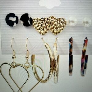 Fashion pierced earrings, set of 6, Hoops, hearts, studs, imitation pearl